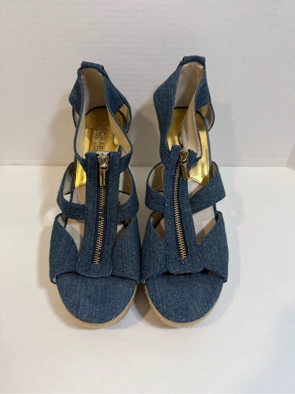 Michael Kors Womens 9.5 Denim Espadrille Wedge Sandals Zip Front Blue Heels